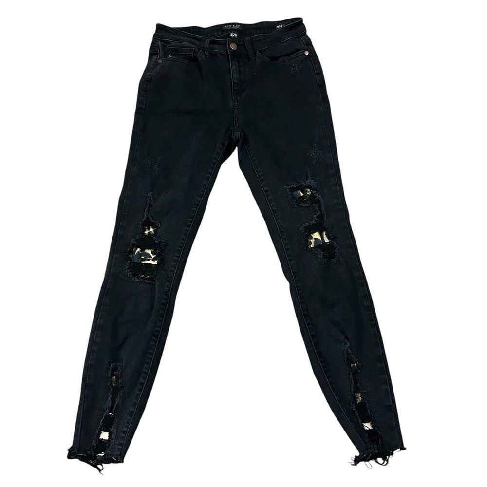 Judy Blue Destroyed Leopard Black Denim Jeans Women's 3/26 Mid Rise Skinny